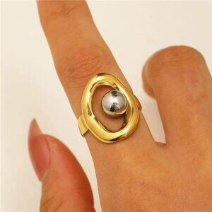 Statement Chunky Gold Hollow Oval Ring | Trendy Thick Open Bead Ring for Women